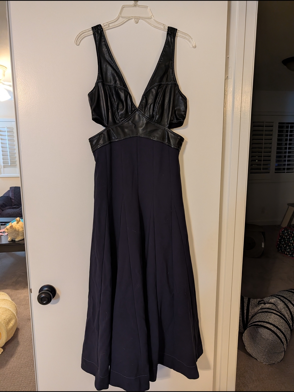Vegan Leather/Mixed Media Cutout Midi Dress - Navy/Black- Anthropologie - Picture 2 of 13